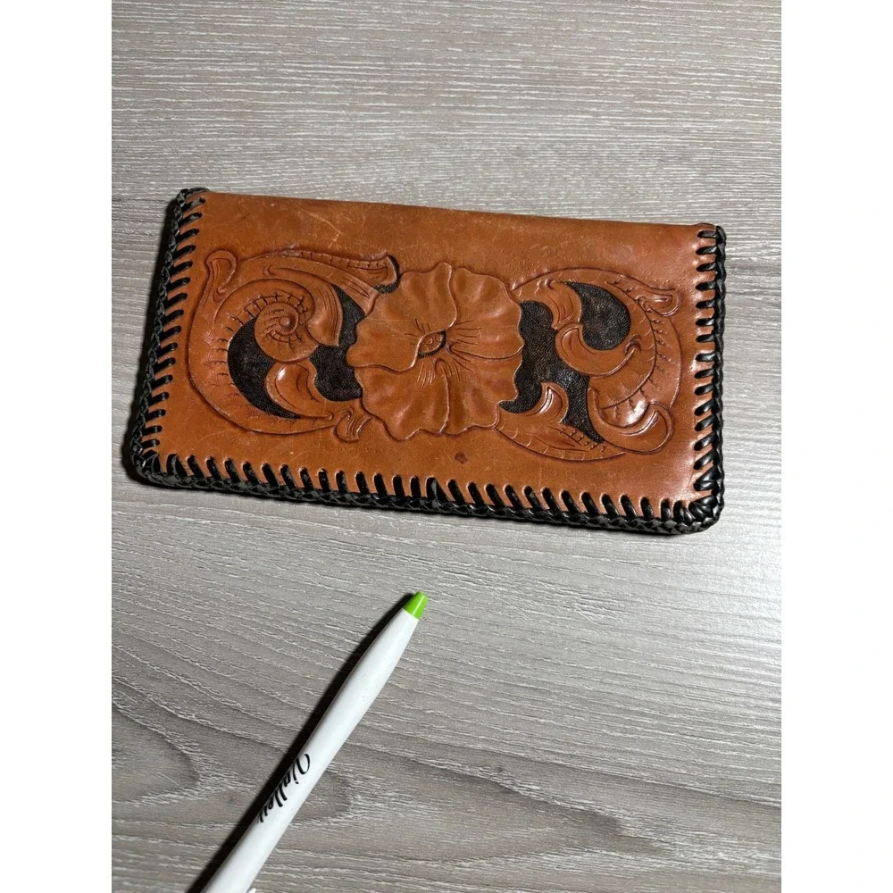 Vintage Hand Tooled Leather Checkbook Cover Western Floral Whipstitch Tan Black
